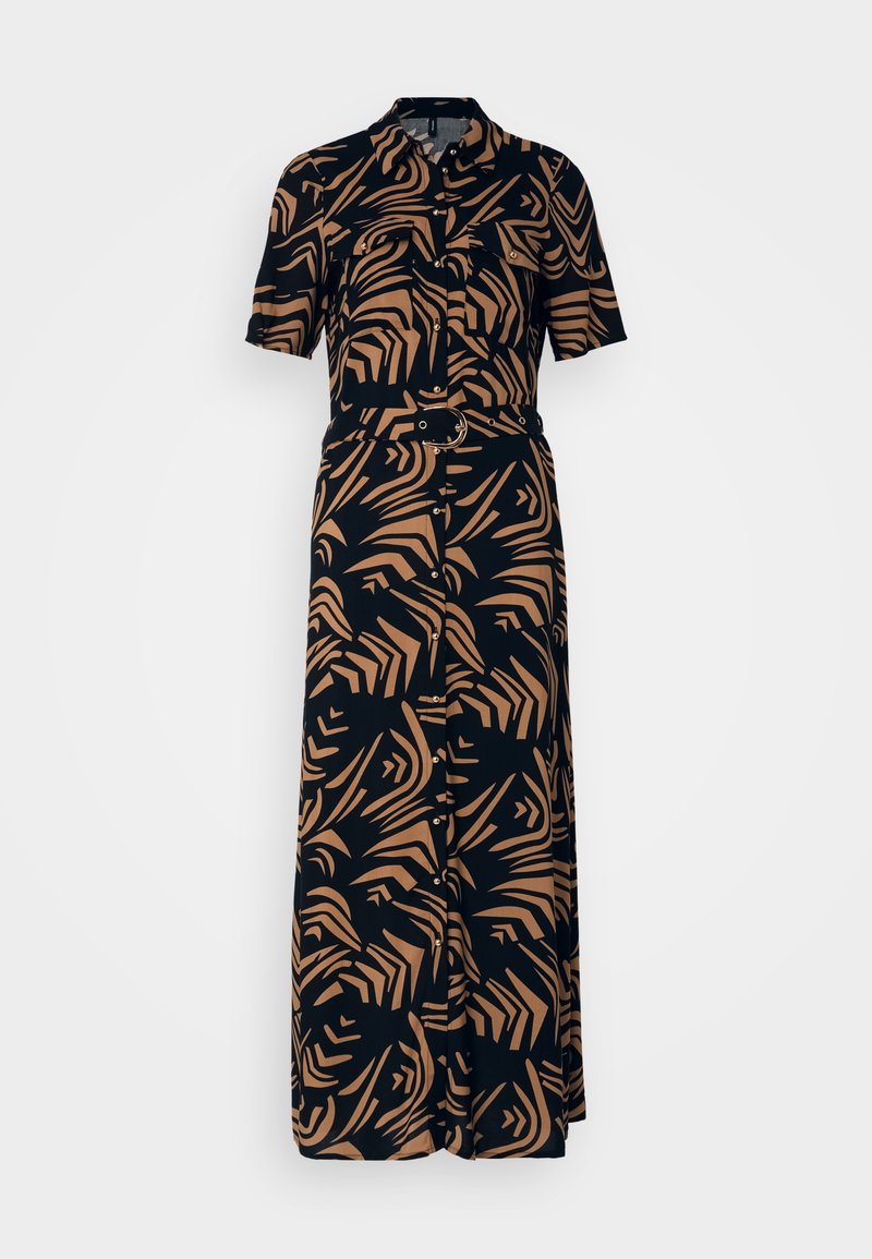 Schwarzes Hemdkleid aus Stoff mit abstrakten sandfarbenen Mustern, mit kurzen Ärmeln, einem taillierten Bund und maxi Länge.