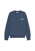 Marineblauer Pullover mit gerippten Bündchen und Saum, rundem Ausschnitt und kleinem pinkfarbenem Logo auf der linken Brustseite. Weiche Stoffstruktur.