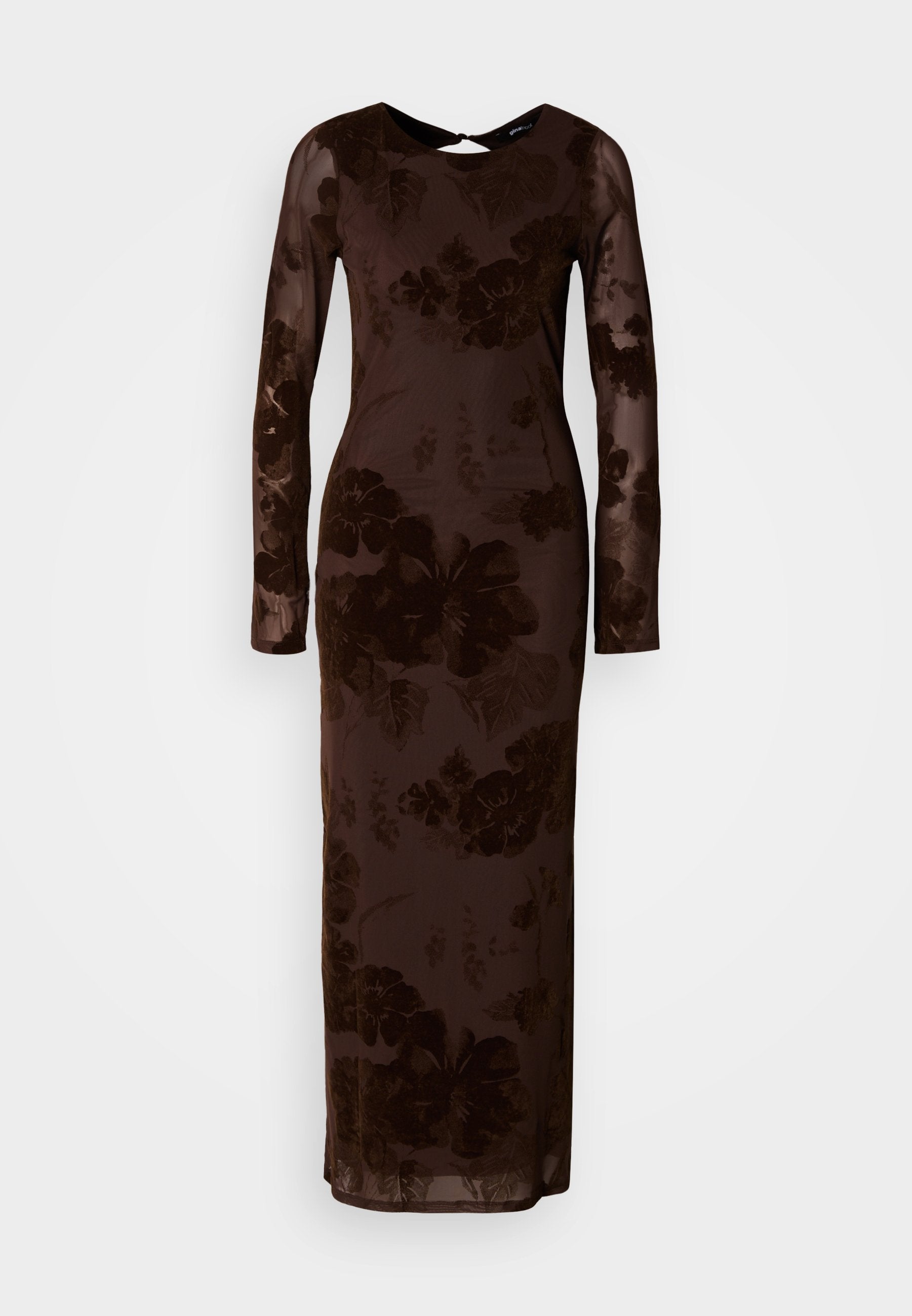 Lang braunes Abendkleid aus transparentem Stoff mit floralem Samtmuster und einem runden Ausschnitt mit Schlüsselloch-Detail am Rücken.
