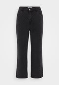 Schwarze, weit geschnittene Hosen mit einem strukturierten Karomuster. Mit seitlichen Taschen, einem Knopfverschluss und einem standardmäßigen Taillenbund-Design.