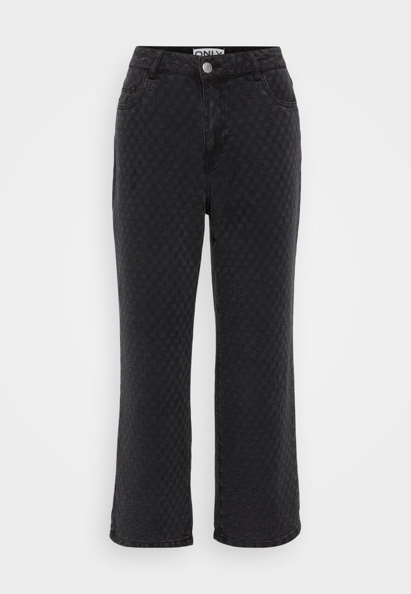 Schwarze, weit geschnittene Hosen mit einem strukturierten Karomuster. Mit seitlichen Taschen, einem Knopfverschluss und einem standardmäßigen Taillenbund-Design.