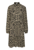 Schwarz-beiges gemustertes Kleid mit langen Ärmeln, einem gerafften Kragen und gestuftem Rockdesign. Hergestellt aus leichtem Stoff.