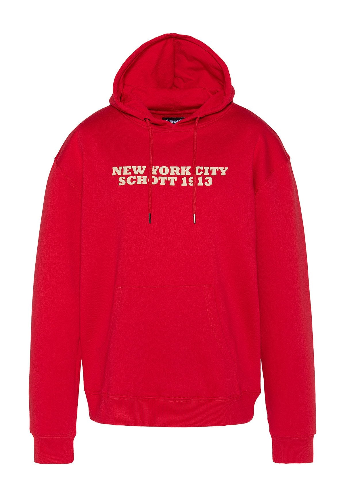 Roter Kapuzenpullover aus Baumwollmischung. Verfügt über eine große Fronttasche, eine Kordelzugkapuze und den Aufdruck "NEW YORK CITY SCHOTT 1913" in Creme.