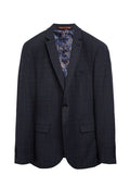 Marineblazer mit Karomuster, zwei Fronttaschen, Ein-Knopf-Verschluss und Futter mit Paisleymuster in Blau- und Orangetönen.