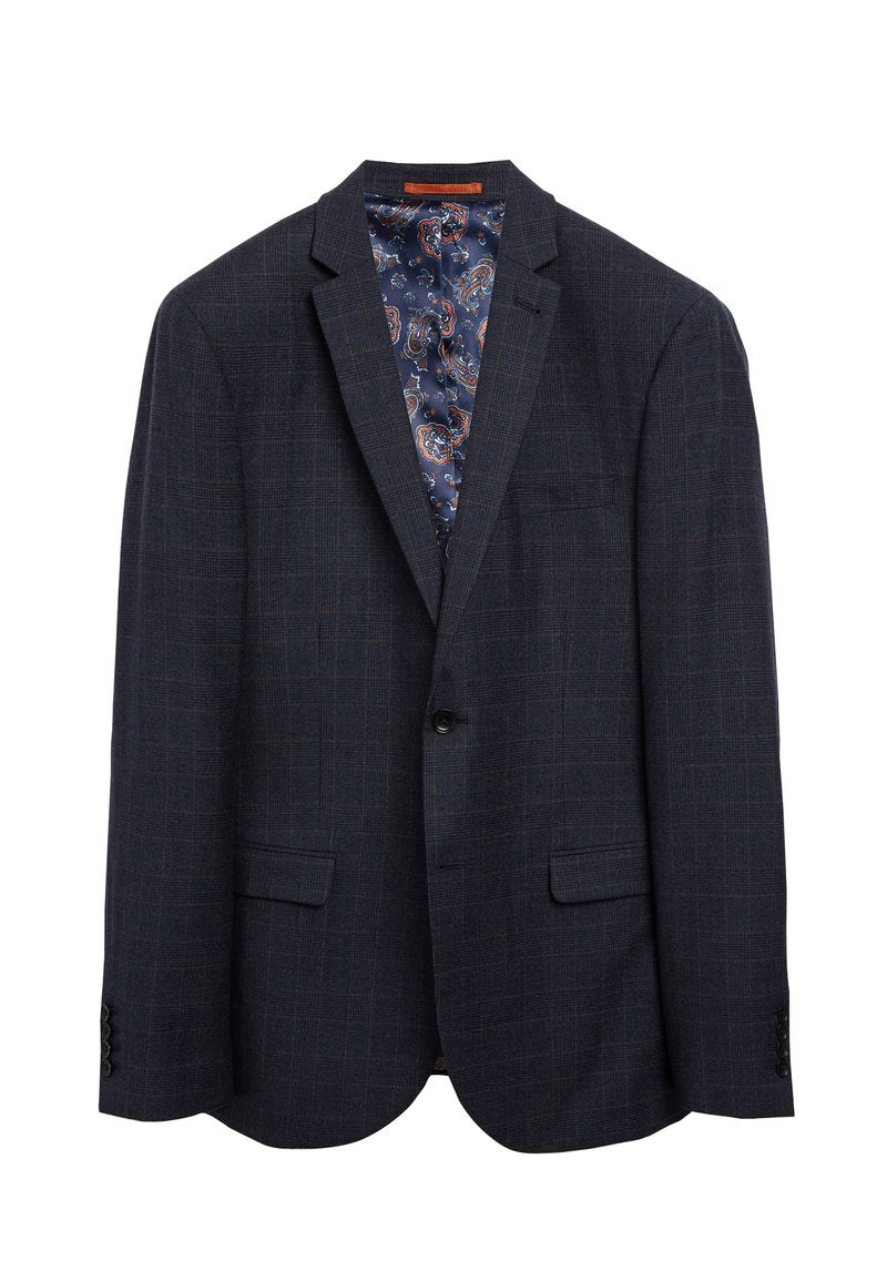 Marineblazer mit Karomuster, zwei Fronttaschen, Ein-Knopf-Verschluss und Futter mit Paisleymuster in Blau- und Orangetönen.