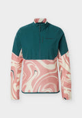 Langarm-Pullover mit grünem Oberteil und pink-weißem Wirbelmuster-Fleece am unteren Körper und den Armen, mit einem halben Reißverschluss vorne.