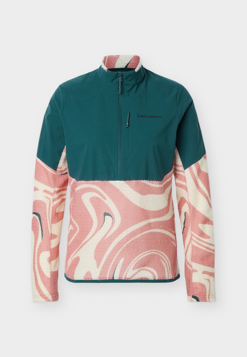 Langarm-Pullover mit grünem Oberteil und pink-weißem Wirbelmuster-Fleece am unteren Körper und den Armen, mit einem halben Reißverschluss vorne.
