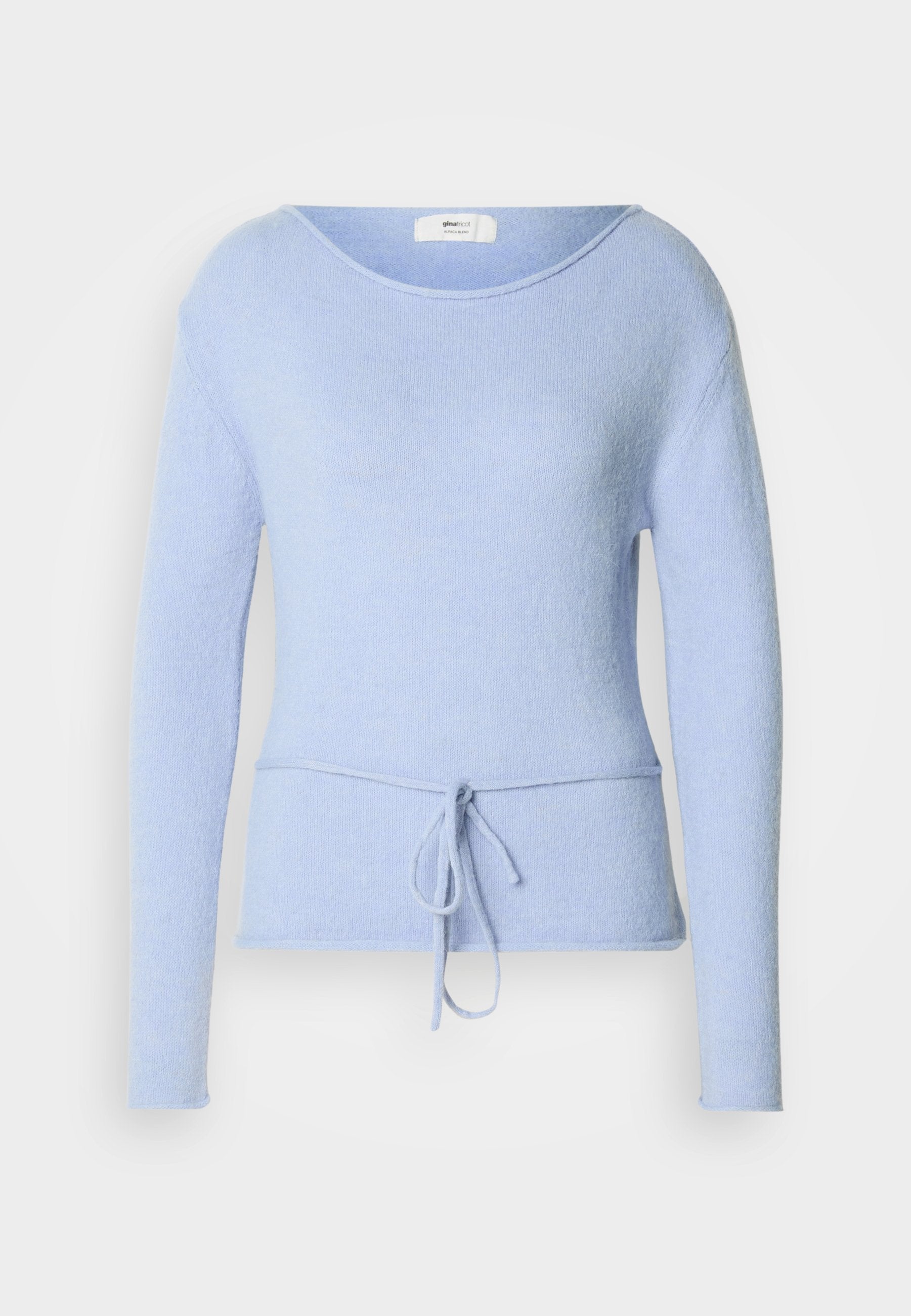 Hellblauer Langarm-Pullover aus weichem Stoff mit weitem Ausschnitt und Kordelzug an der Taille für eine verstellbare Passform. Glatte Textur.
