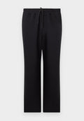 Schwarze Sweatpants mit elastischem Bund und Kordelzug, gerade Passform und seitlichen Taschen, vor einem schlichten Hintergrund präsentiert.