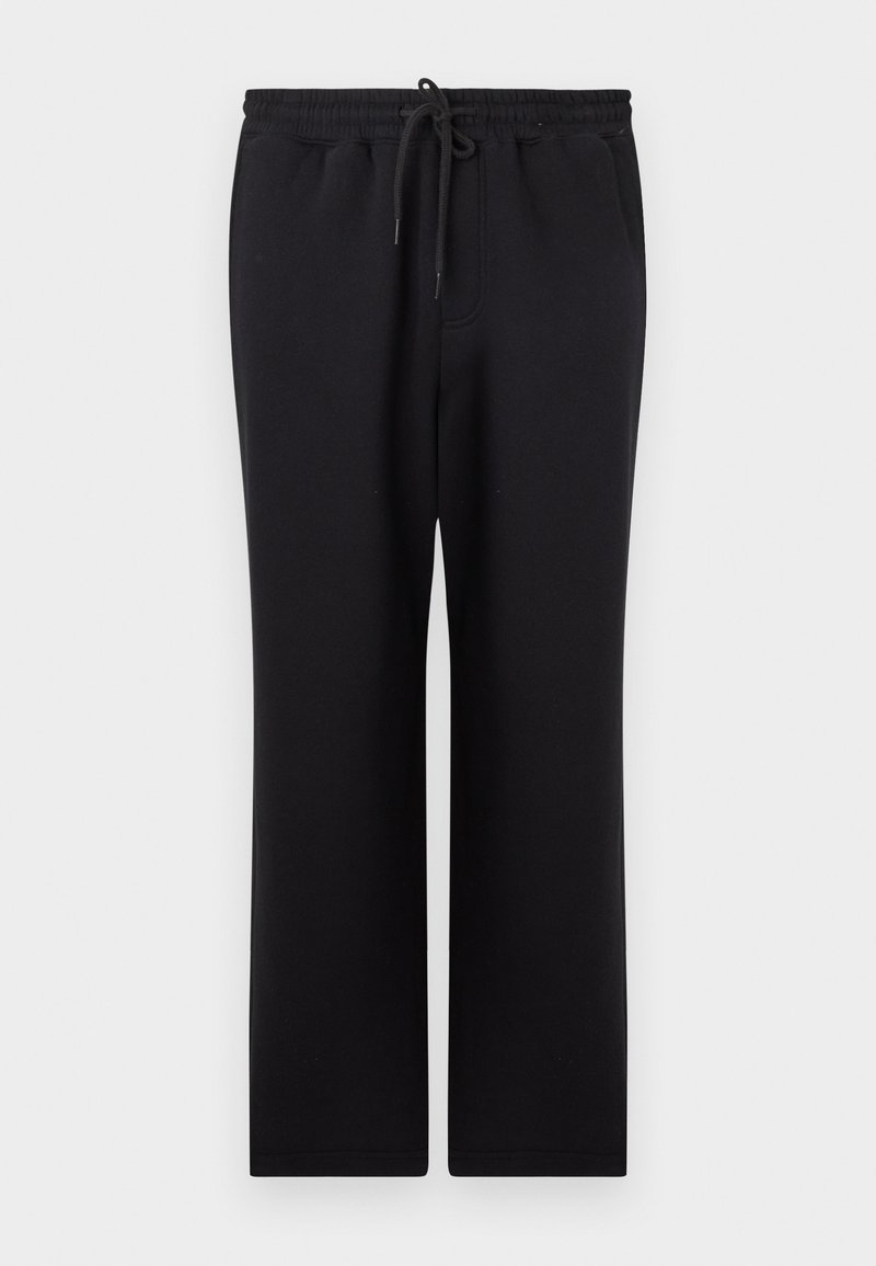 Schwarze Sweatpants mit elastischem Bund und Kordelzug, gerade Passform und seitlichen Taschen, vor einem schlichten Hintergrund präsentiert.