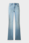 Hellblaue Jeans mit hohem Bund und geradem Bein, aus Denim, mit Taschen vorne und hinten, Knopfverschluss und Gürtelschlaufen.
