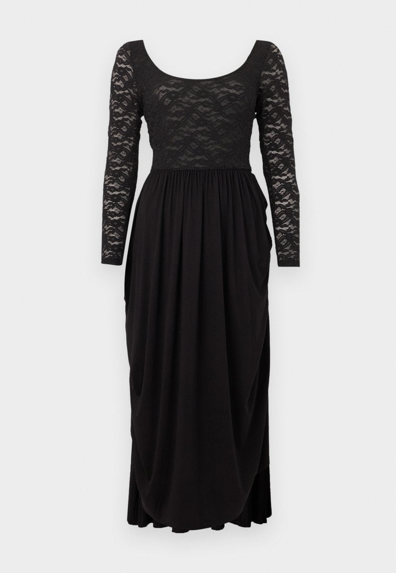 Schwarzes Abendkleid mit langärmeliger Spitze an Ärmeln und Brustteil, Rundhalsausschnitt und gerafftem, fließendem Rock.