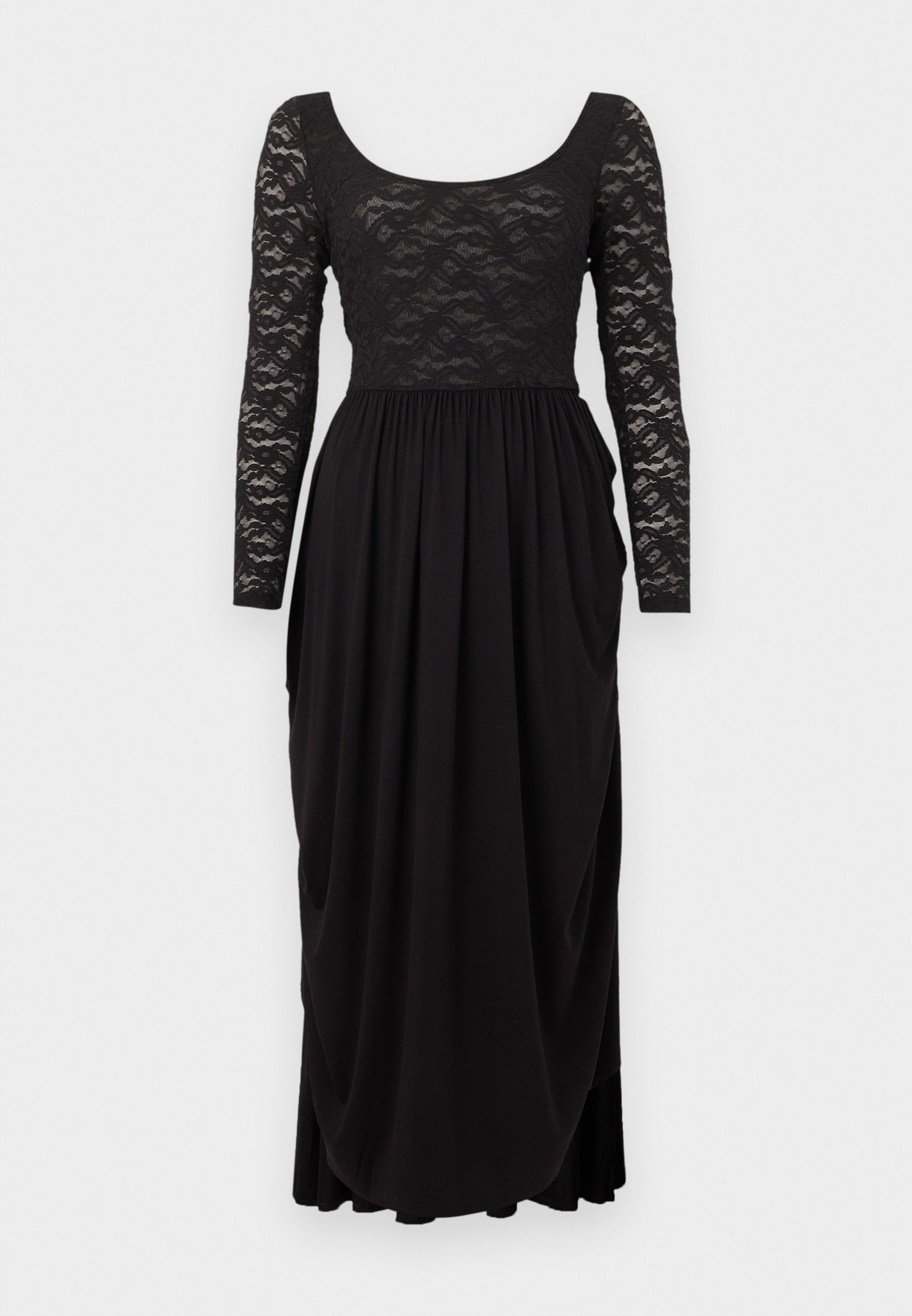 Schwarzes Abendkleid mit langärmeliger Spitze an Ärmeln und Brustteil, Rundhalsausschnitt und gerafftem, fließendem Rock.