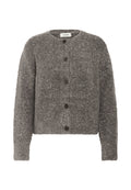 Grau strukturierte Strickjacke mit rundem Ausschnitt, vorderer Knopfleiste und langen Ärmeln. Der Stoff wirkt weich und warm.