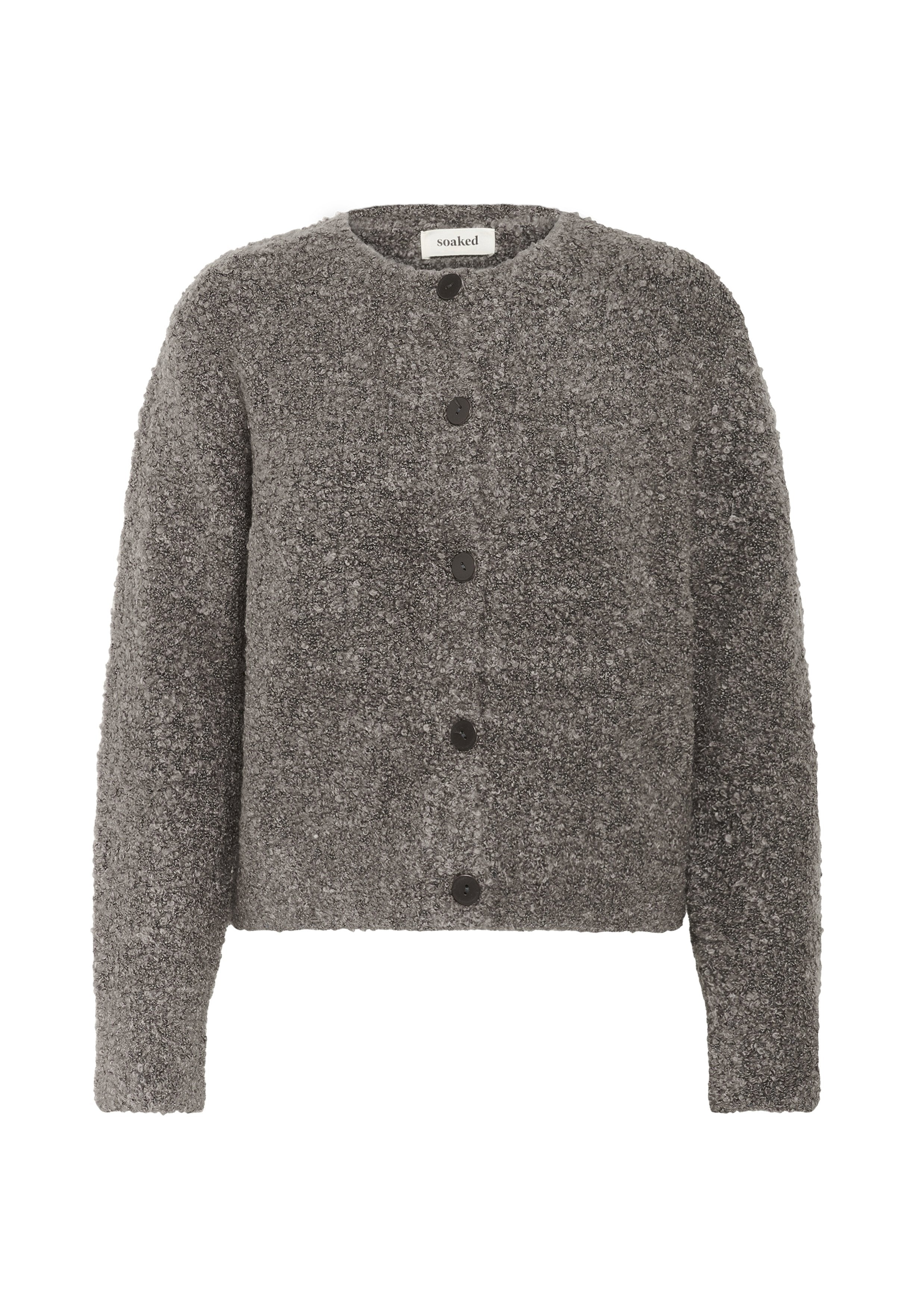 Grau strukturierte Strickjacke mit rundem Ausschnitt, vorderer Knopfleiste und langen Ärmeln. Der Stoff wirkt weich und warm.