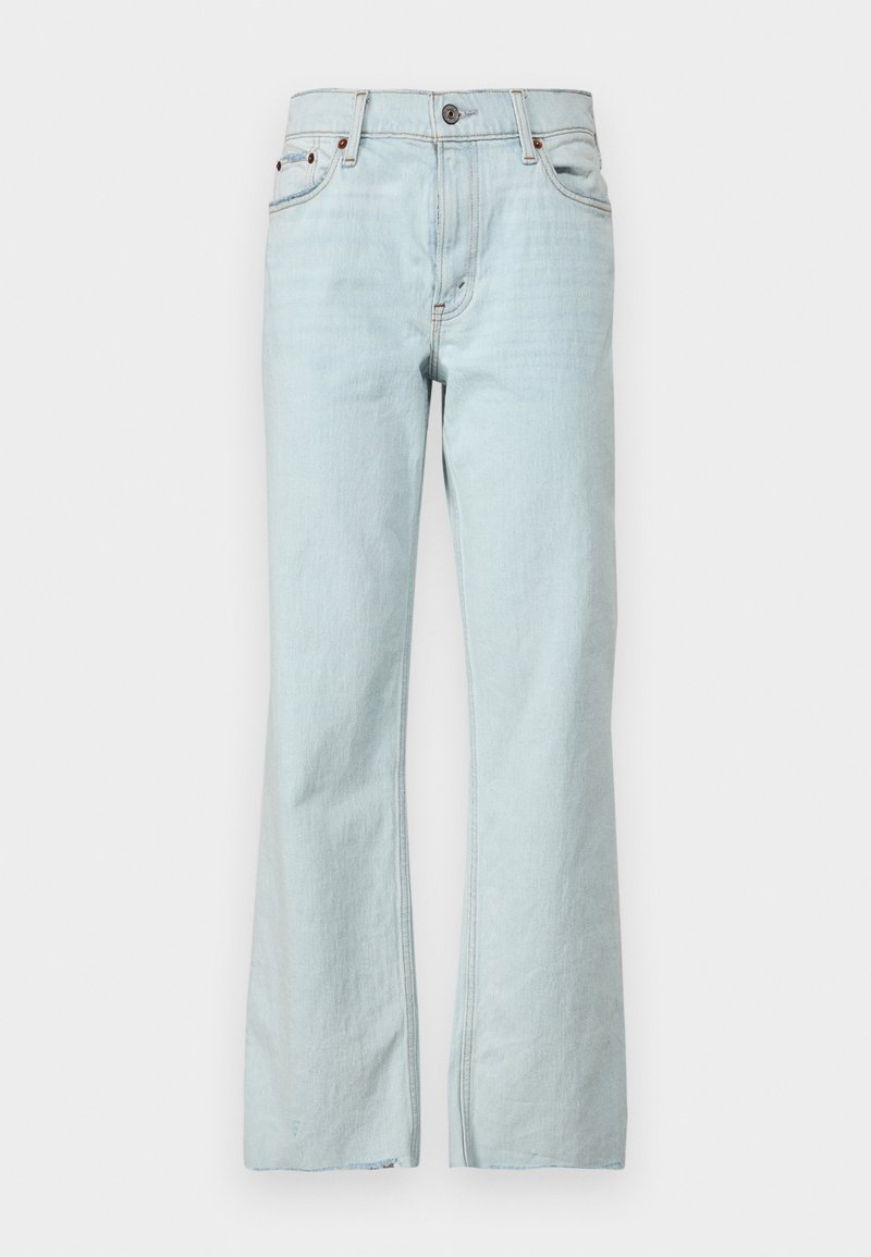 Hellblaue Denim-Jeans mit ausgestelltem Schnitt, Knopfverschluss, Fünf-Taschen-Design und dezenter Ausbleichung des Stoffs. Saubere, minimalistische Nähte setzen Akzente.
