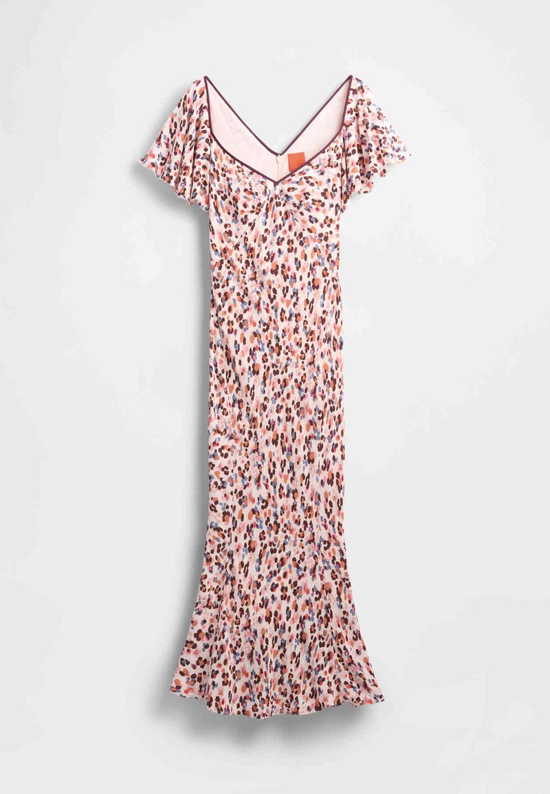 Kleid mit floralem Druck auf einem blassrosa Hintergrund mit mehrfarbigen Flecken. Es hat kurze, flatternde Ärmel und eine taillierte Silhouette.