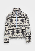 Fleece-Pullover mit einem halben Reißverschluss, der ein geometrisches Muster in Schwarz und Grau auf einem cremefarbenen Hintergrund sowie hellblauen Reißverschlussakzenten zeigt.