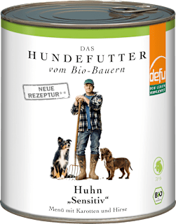 Nassfutter Hund mit Bio Huhn, Karotten & Hirse, sensitiv Defu