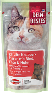 Katzenleckerli, gefüllte Knabberkissen mit Rind, Ente & Huhn Dein Bestes