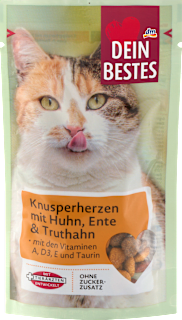 Katzenleckerli, Knusperherzen mit Huhn, Ente & Truthahn, 65 g Dein Bestes
