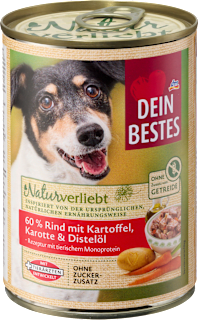 Nassfutter Hund mit 60% Rind mit Kartoffel, Karotte & Distelöl, Naturverliebt Dein Bestes