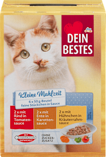 Nassfutter Katze mit Huhn, Rind & Ente in Sauce, kleine Mahlzeit (6x50 g) Dein Bestes