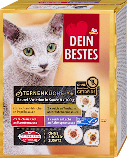 Nassfutter Katze reich an Hähnchen, Truthhahn, Rind & Lachs, Sternenküche Multipack (8x100 g) Dein Bestes