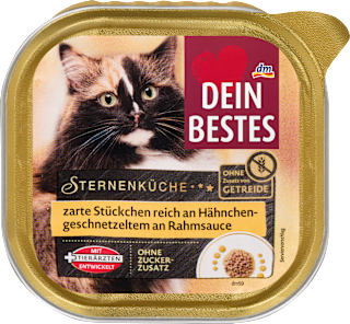 Nassfutter Katze reich an Hähnchengeschnetzeltem an feiner Rahmsoße, Sternenküche Dein Bestes