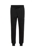 Schwarze Jogginghose aus weichem Stoff, mit elastischem Bund und verstellbarem Kordelzug, schmal zulaufenden Beinen und Logodetail am Oberschenkel.