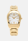 Goldene Aigner-Armbanduhr mit weißem strukturiertem Zifferblatt, römischen Zahlen XII und VI, Datumsanzeige und mitgliedertem Metallarmband.