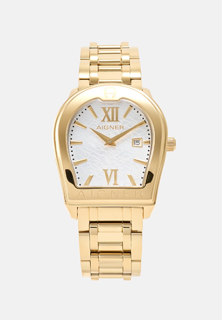 Goldene Aigner-Armbanduhr mit weißem strukturiertem Zifferblatt, römischen Zahlen XII und VI, Datumsanzeige und mitgliedertem Metallarmband.