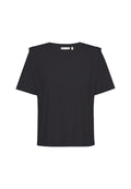 Schwarzes T-Shirt mit kurzen Ärmeln und rundem Halsausschnitt, aus weichem Stoff gefertigt, mit ausgeschnittenen Schulterdetails und einem lässigen Schnitt.