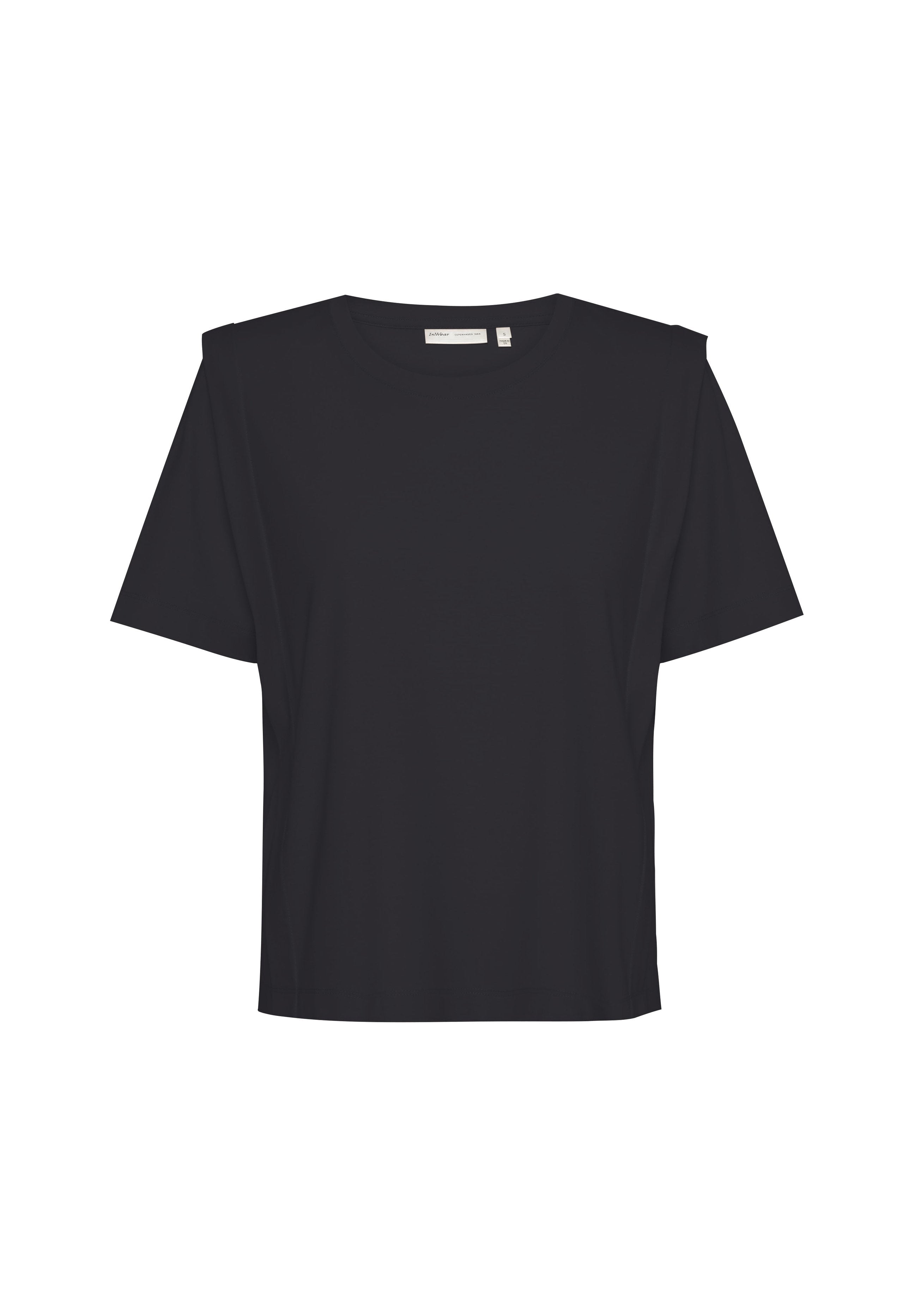 Schwarzes T-Shirt mit kurzen Ärmeln und rundem Halsausschnitt, aus weichem Stoff gefertigt, mit ausgeschnittenen Schulterdetails und einem lässigen Schnitt.
