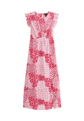 Maxikleid mit Floral-Muster, das rote Blumen auf einem hellrosa Hintergrund zeigt, mit kurzen Rüschenärmeln und tailliertem Schnitt. Leichter Stoff.