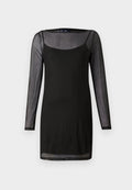 Schwarzes Kleid mit langen, transparenten Ärmeln und rundem Halsausschnitt. Weicher, leichter Stoff mit tailliertem Design und geradem Saum.