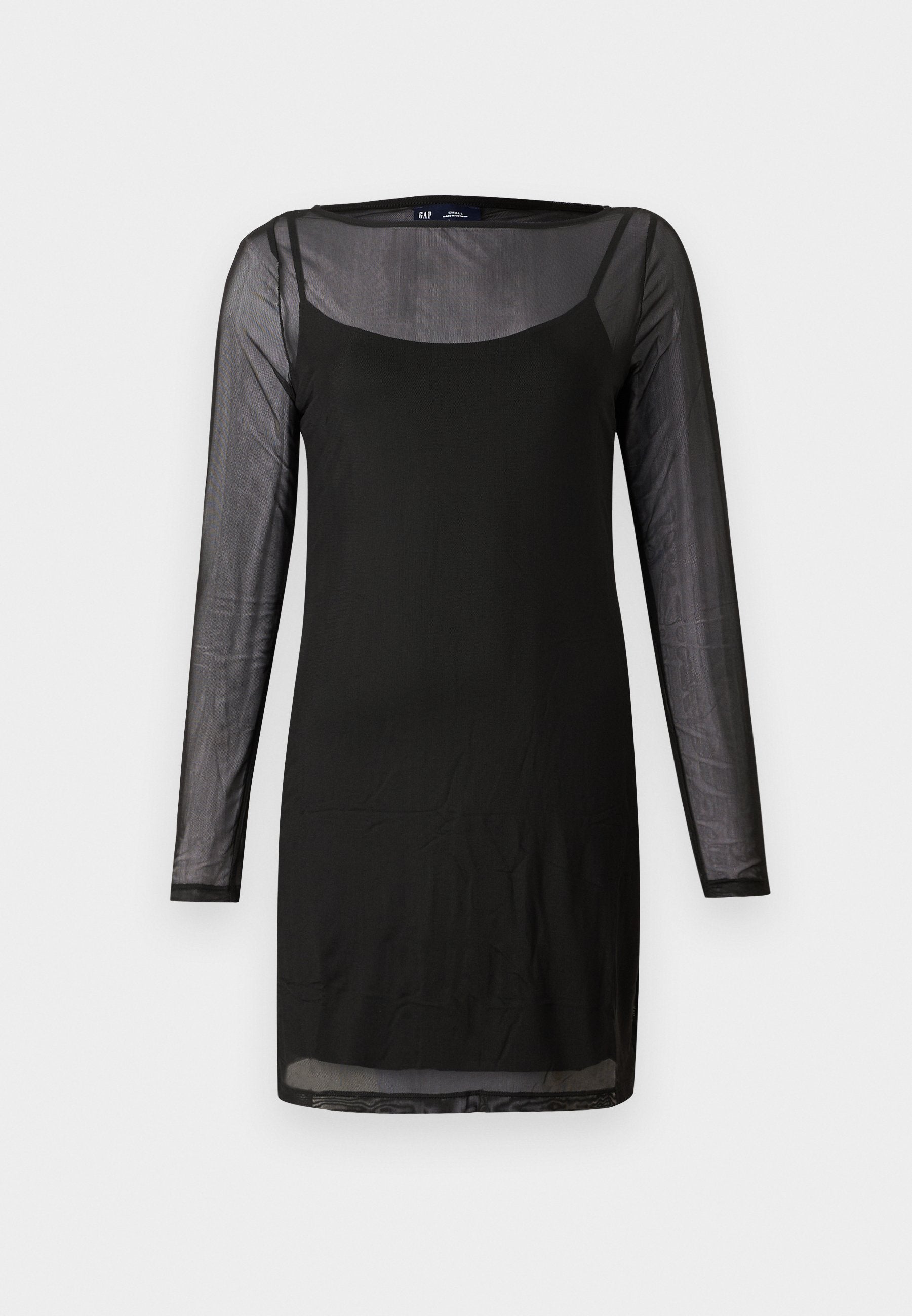 Schwarzes Kleid mit langen, transparenten Ärmeln und rundem Halsausschnitt. Weicher, leichter Stoff mit tailliertem Design und geradem Saum.