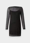 Schwarzes Kleid mit langen, transparenten Ärmeln und rundem Halsausschnitt. Weicher, leichter Stoff mit tailliertem Design und geradem Saum.