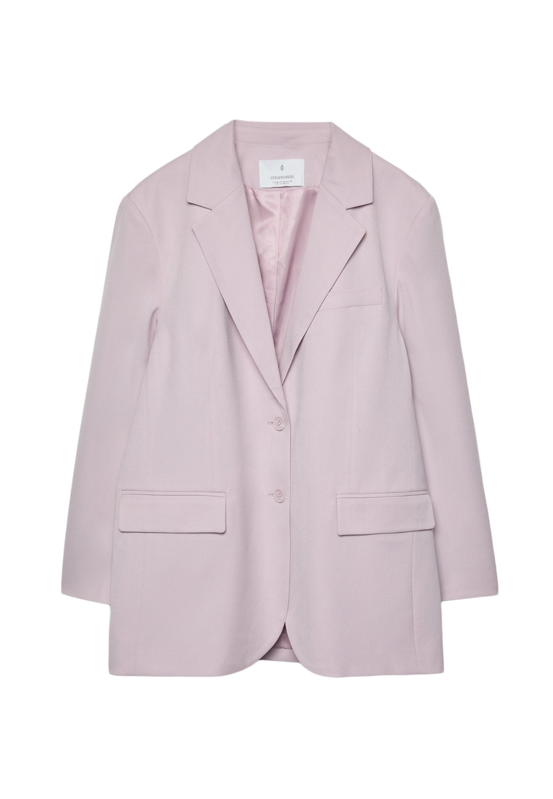 Hellrosa Blazer mit strukturierter Form, einreihiger Front, Reverskragen und zwei Vordertaschen. Glatte Stoffoberfläche.