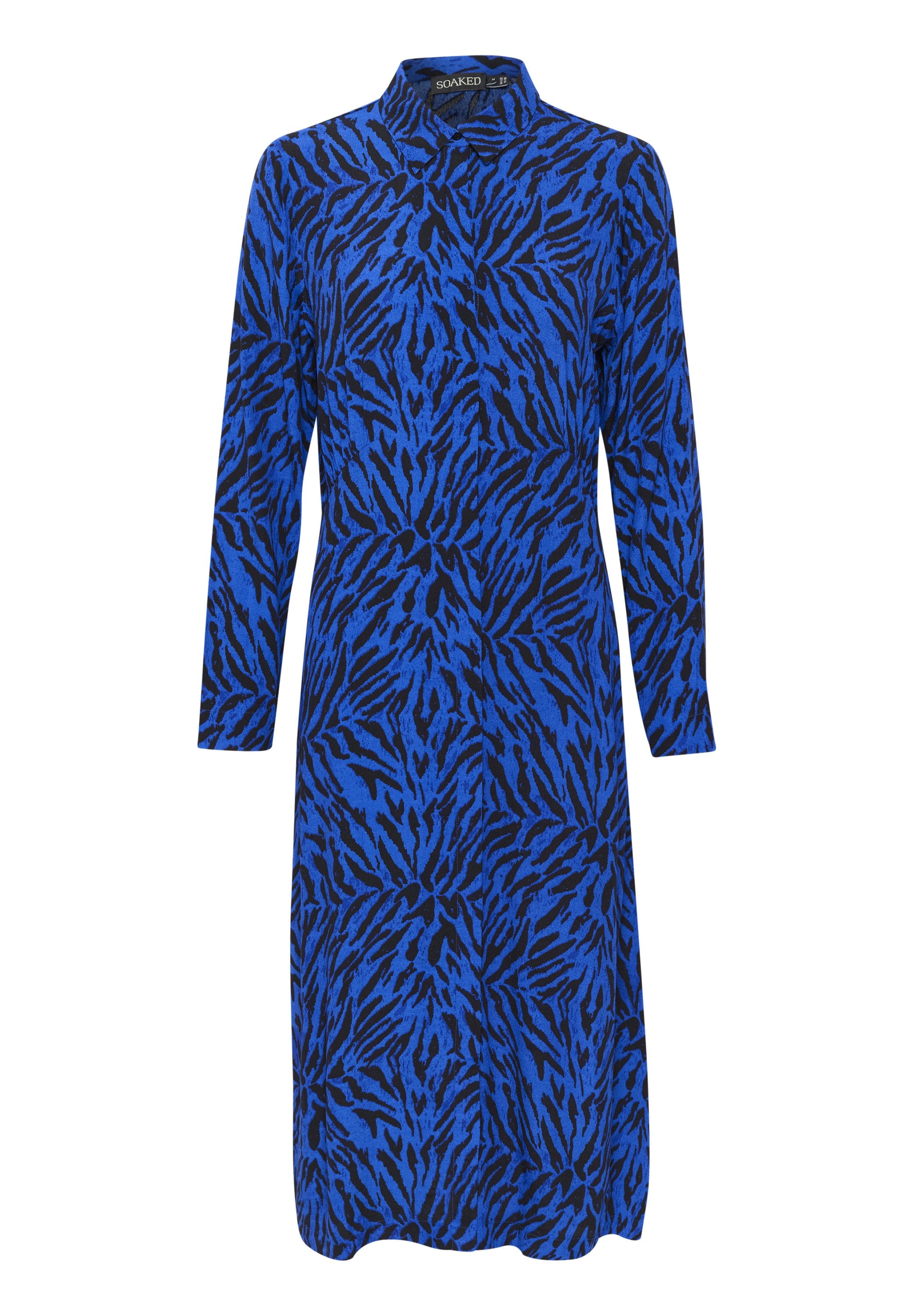 Blaues langärmliges Kleid mit einem schwarzen Tigerstreifenmuster, aus weichem Stoff gefertigt, mit einem Kragen und einem geraden Schnitt bis zum Knie.