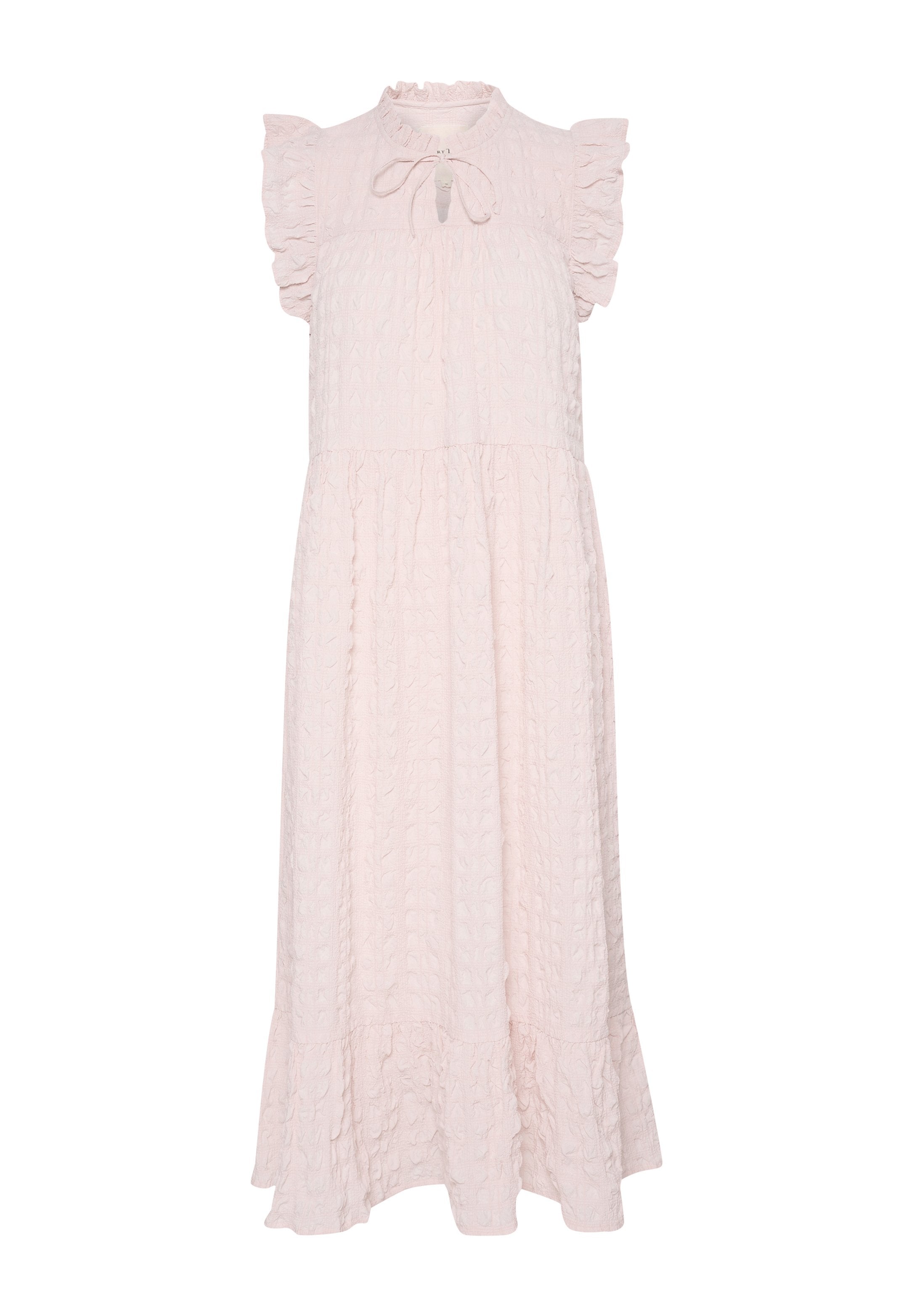Helles pinkes Kleid mit einem texturierten Muster, Rüschensleeves, einem hohen Kragen mit Bindeband und einem fließenden Saum. Hergestellt aus einem weichen Stoff.