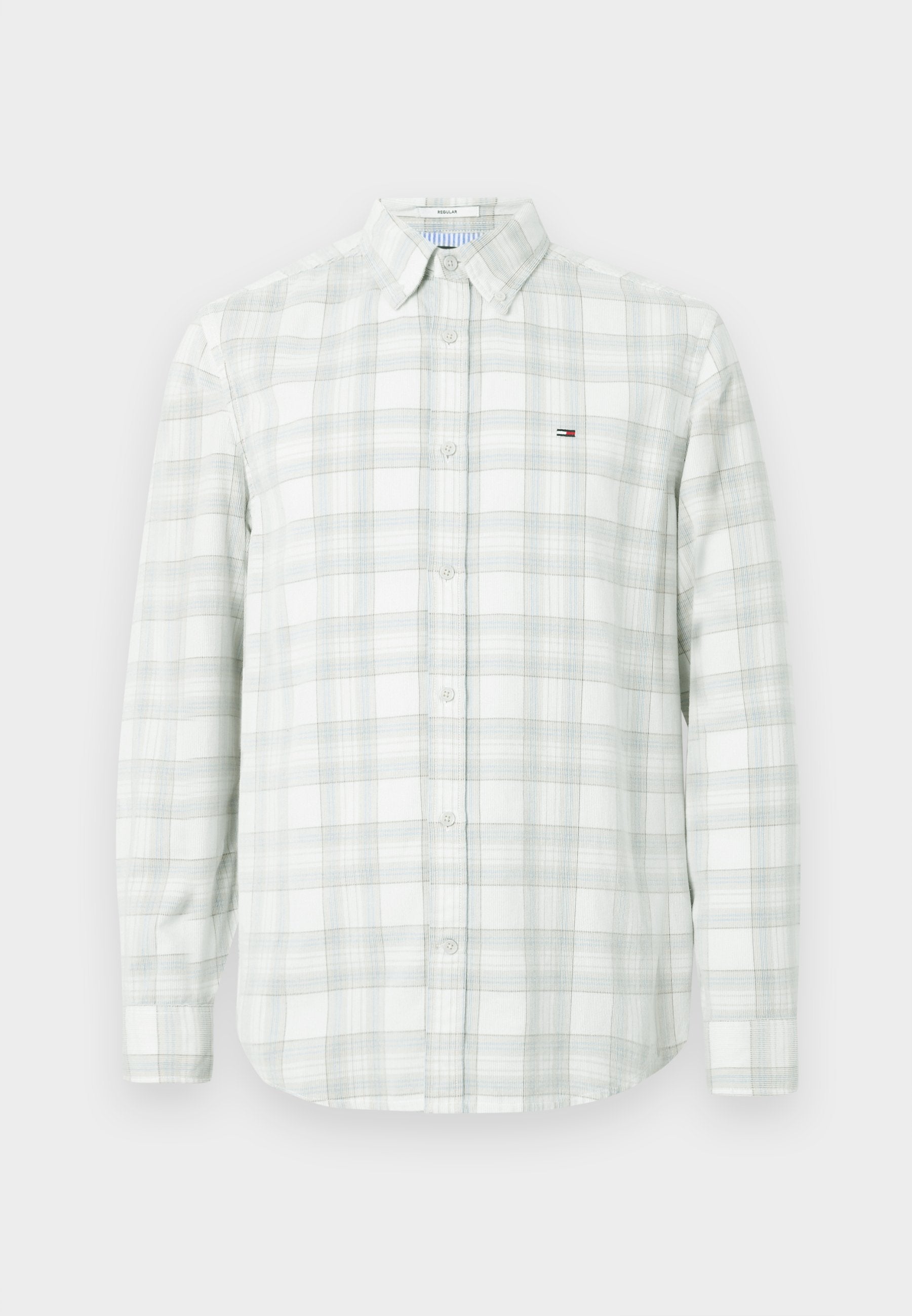 Helles graues Langarmhemd mit einem Karo-Muster in Grüntönen und Blau, ausgestattet mit einem Button-Down-Kragen und einem Logodetail auf der Brust.