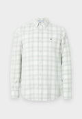 Helles graues Langarmhemd mit einem Karo-Muster in Grüntönen und Blau, ausgestattet mit einem Button-Down-Kragen und einem Logodetail auf der Brust.