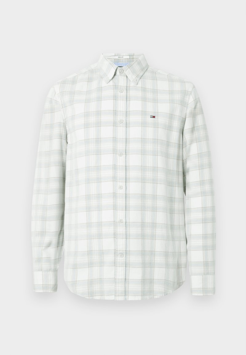 Helles graues Langarmhemd mit einem Karo-Muster in Grüntönen und Blau, ausgestattet mit einem Button-Down-Kragen und einem Logodetail auf der Brust.