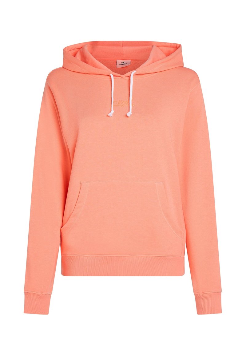 Korallenfarbener Hoodie mit einer Fronttasche, Kordelzügen, gerippten Bündchen und Saum. Verfügt über eine weiche Textur und dezente Logo-Stickerei auf der Brust.