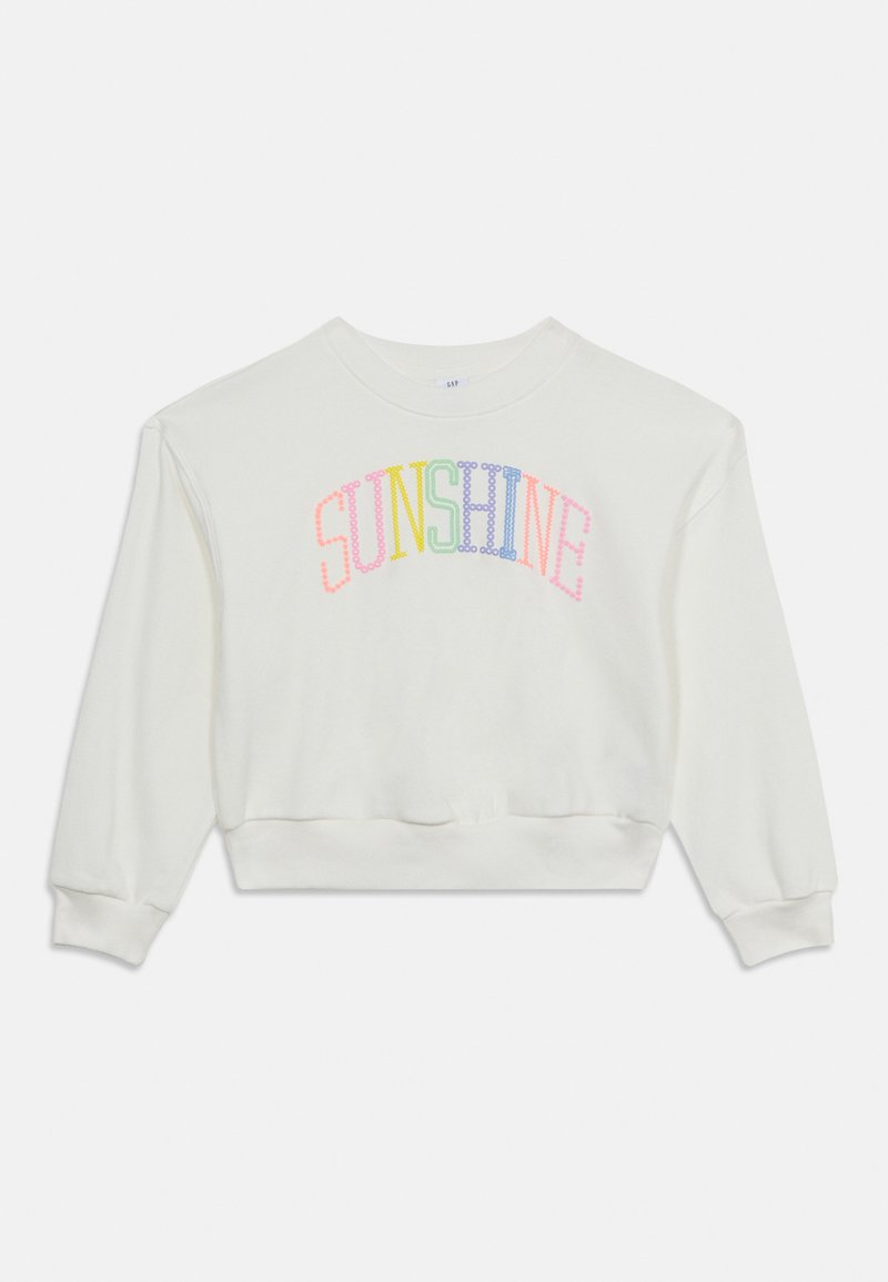 Weißes Sweatshirt mit langen Ärmeln, gerippten Bündchen und dem Schriftzug "SUNSHINE" in mehrfarbigen, gepunkteten Buchstaben auf der Brust.