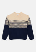 Beige und marineblauer Strickpullover mit geometrischen Mustern im oberen Bereich, Rundhalsausschnitt und langen Ärmeln. Weiche Textur, lässige Passform.