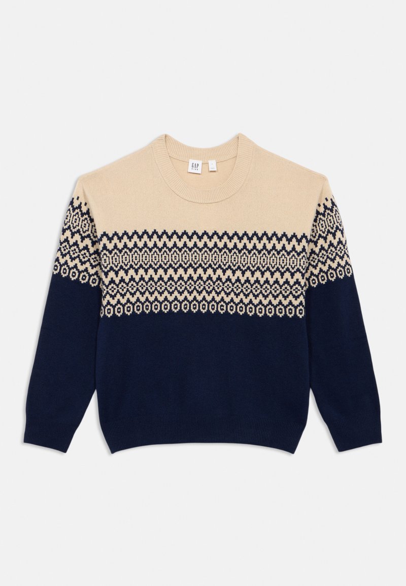Beige und marineblauer Strickpullover mit geometrischen Mustern im oberen Bereich, Rundhalsausschnitt und langen Ärmeln. Weiche Textur, lässige Passform.