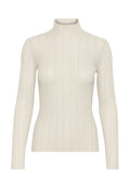Helle beige, gerippte Rollkragensweatshirt mit langen Ärmeln. Aus einem strukturierten Strickstoff gefertigt, der vertikale Streifen und eine figurbetonte Silhouette aufweist.