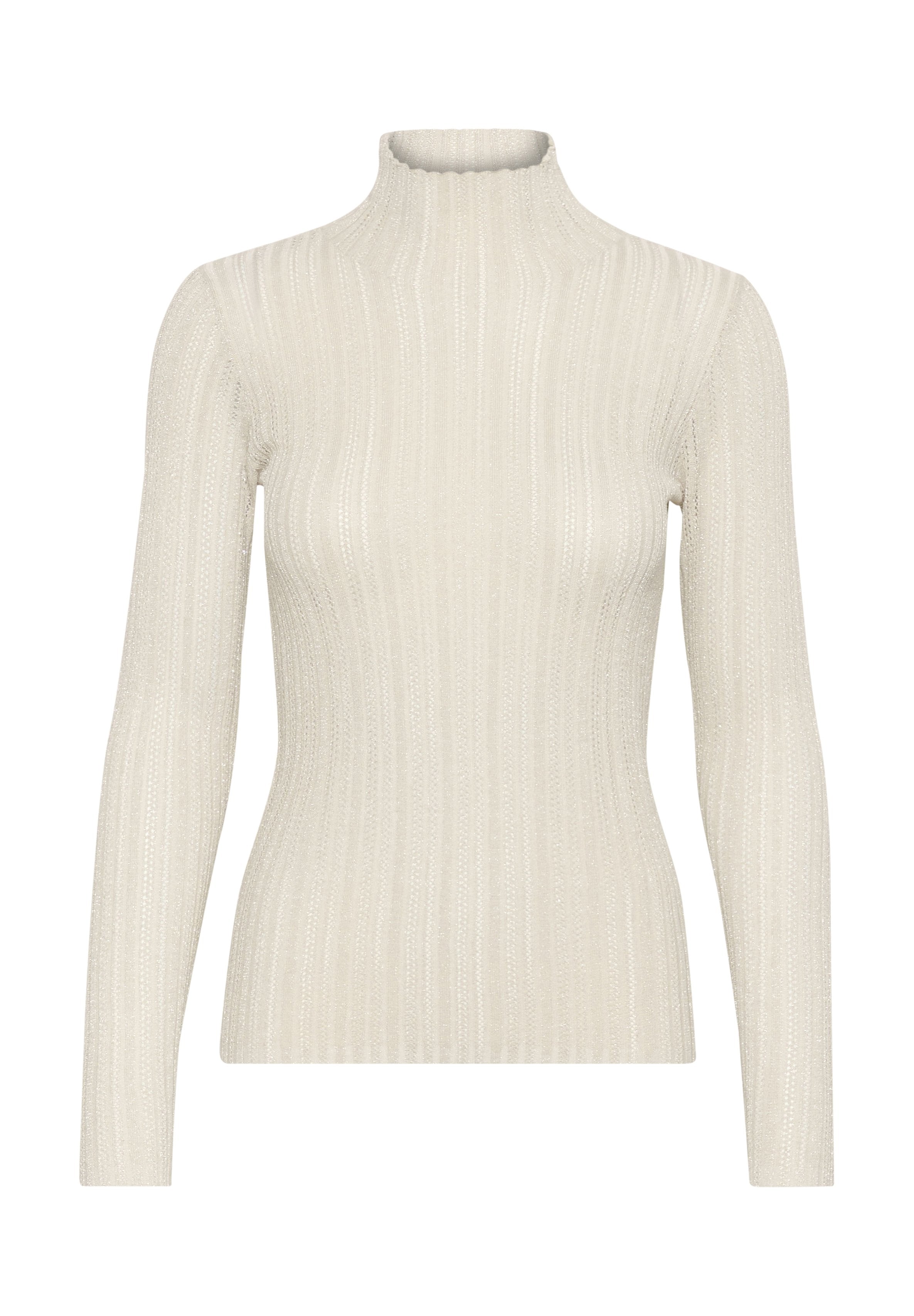 Helle beige, gerippte Rollkragensweatshirt mit langen Ärmeln. Aus einem strukturierten Strickstoff gefertigt, der vertikale Streifen und eine figurbetonte Silhouette aufweist.